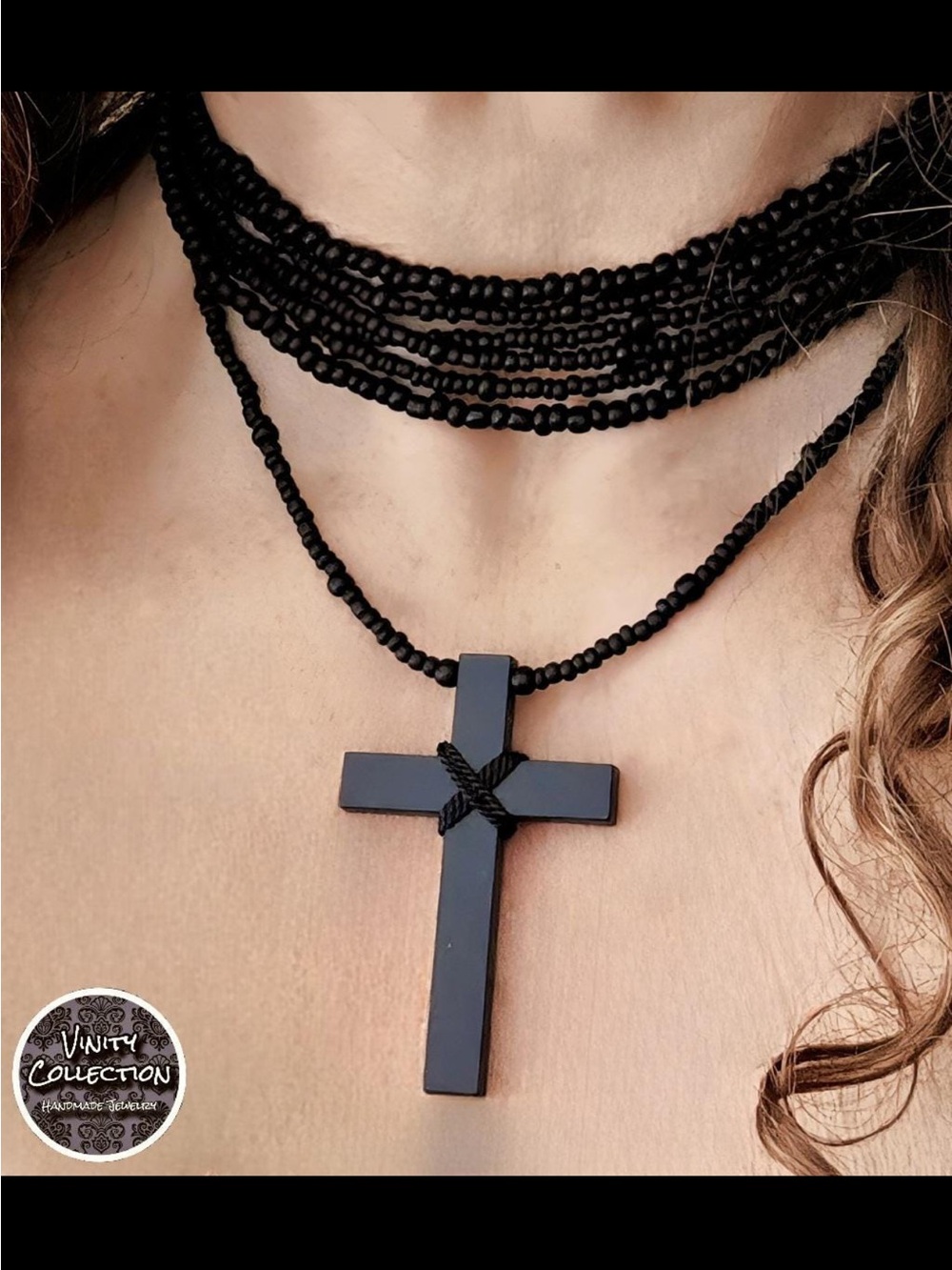 Black Beaded Multi-Strand Choker with Cross Pendant